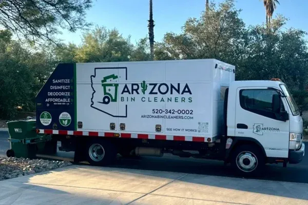 Arizona Bin Cleaners service truck parked in a residential neighborhood for trash bin cleaning service.