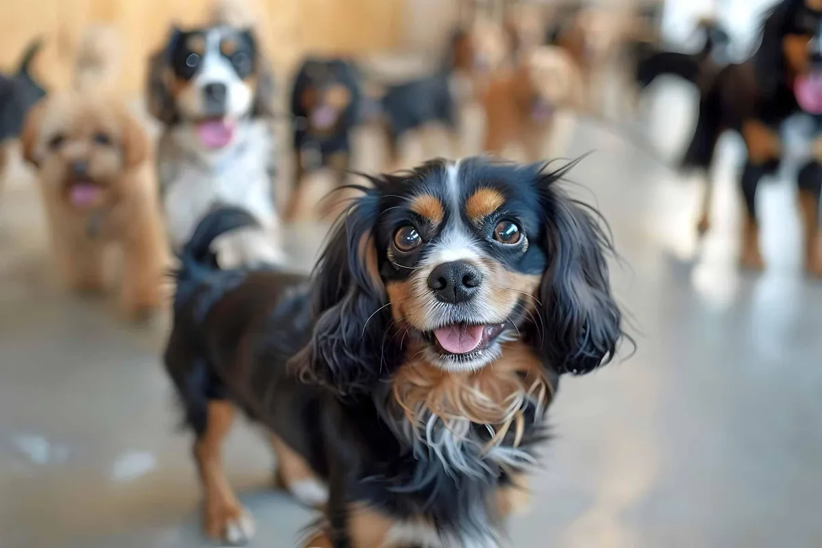 A dog at a boarding facility