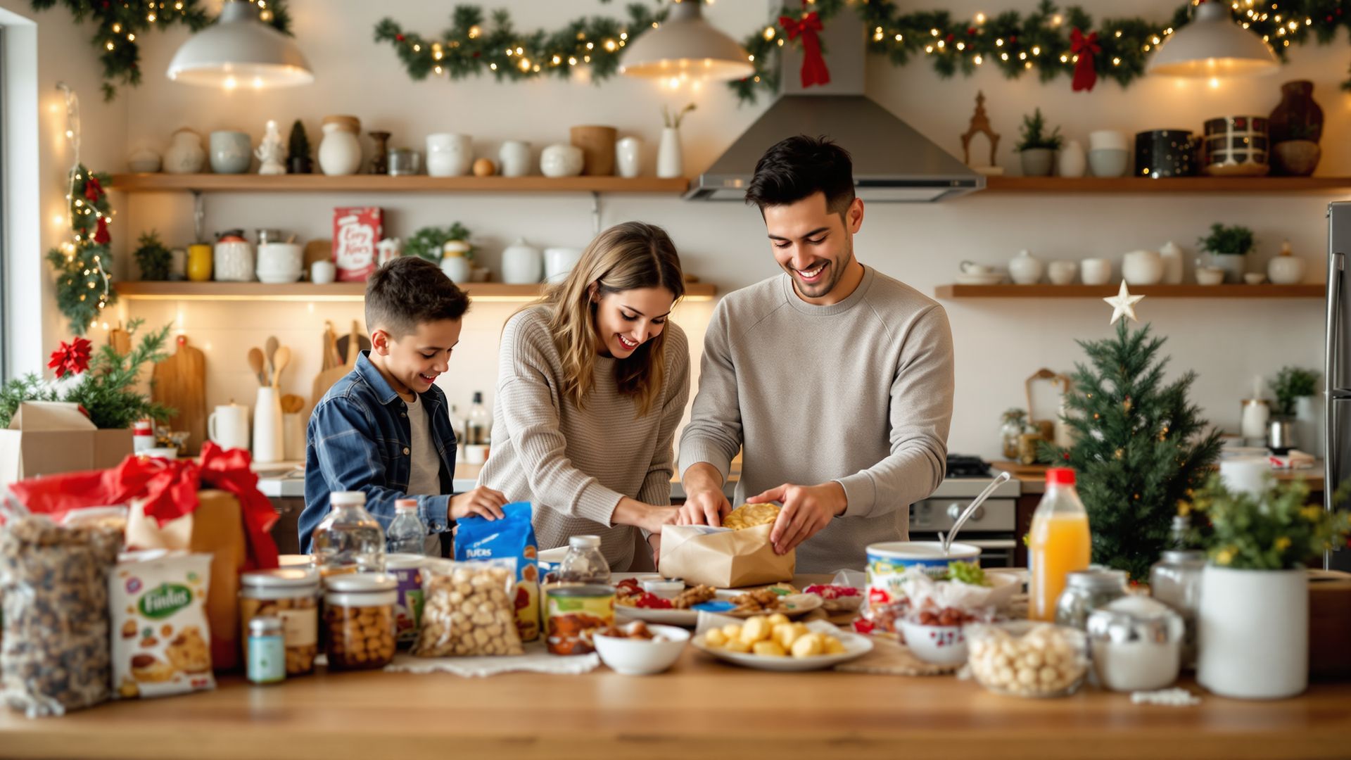 Holiday kitchen with family sorting bulk snacks and groceries for hosting and holiday savings