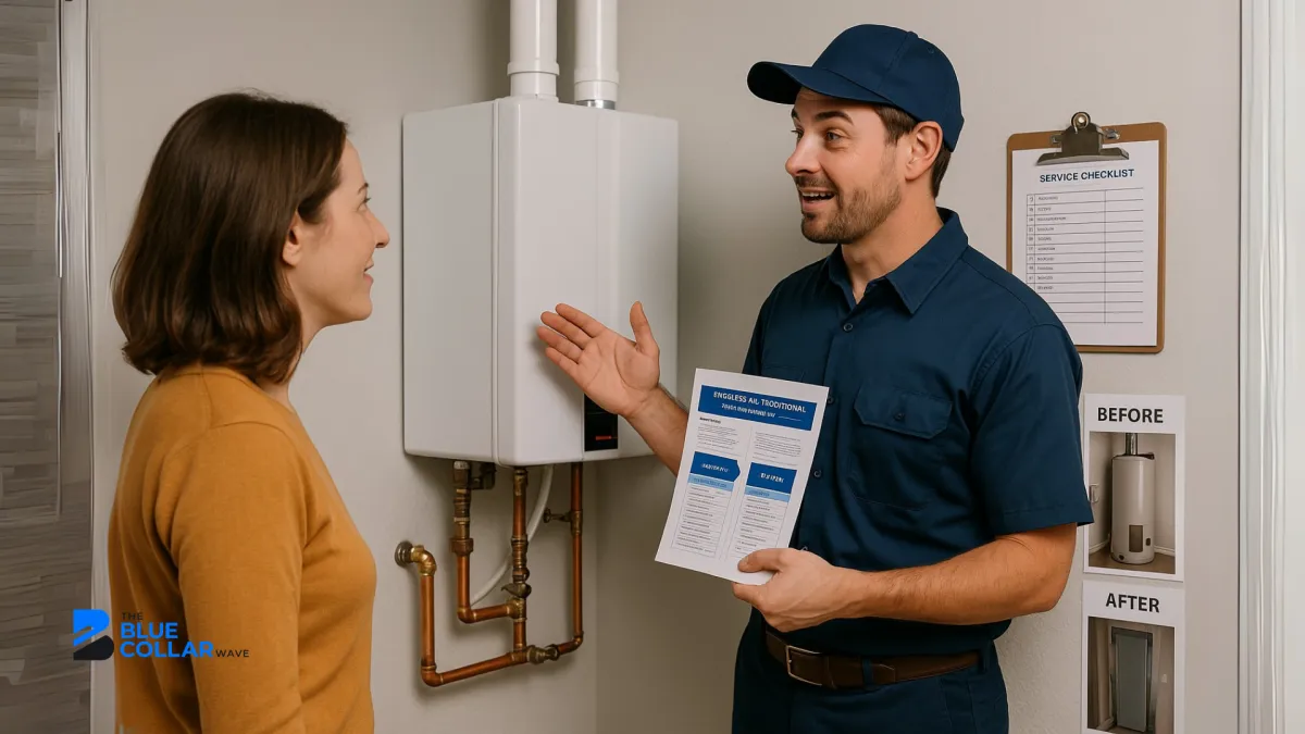 A plumber explains a tankless water heater upgrade to a curious homeowner in a clean, modern utility room. Nearby is a service checklist and before/after photo sheet taped to the wall.