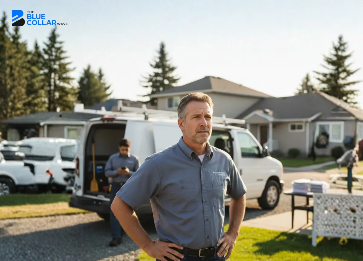A medium shot of a professional-looking man in his 40s, representing a home service business owner, standing in a residential driveway during bright daylight.