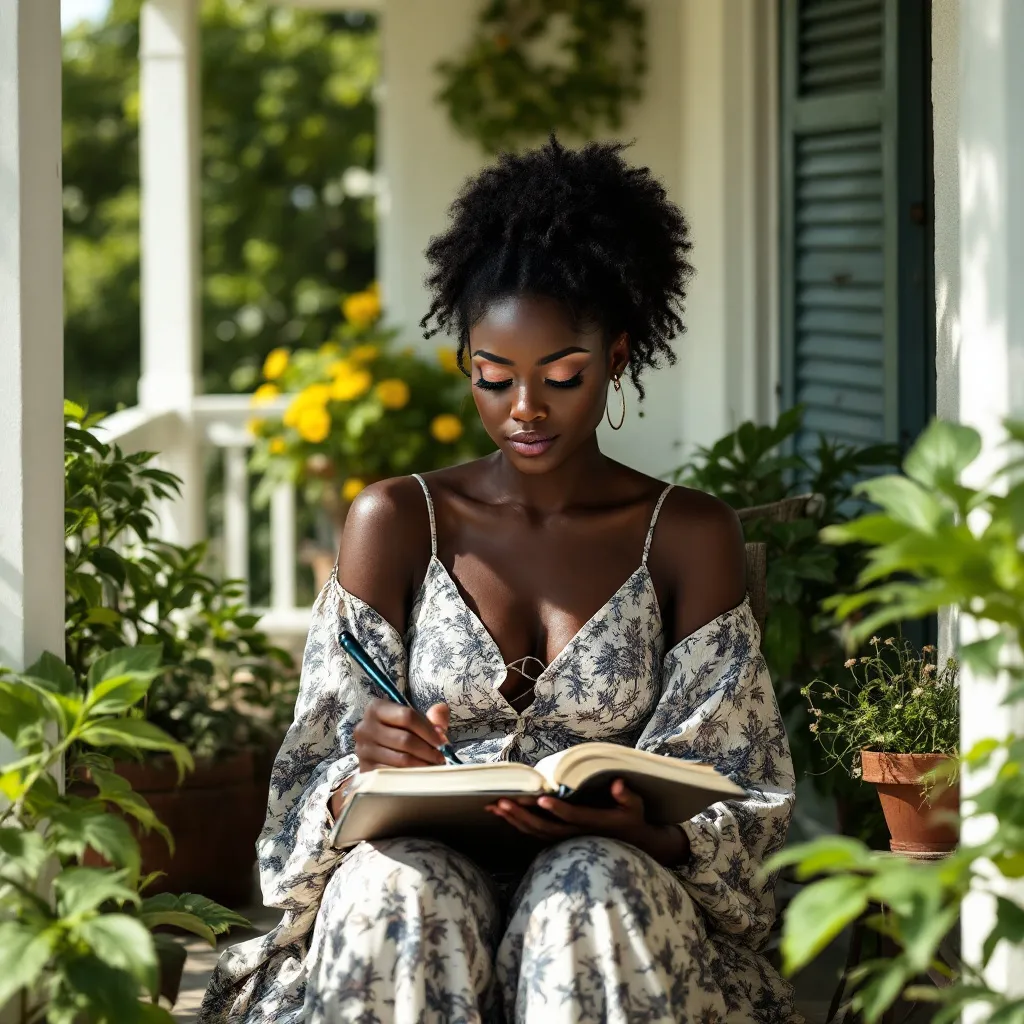 A Black woman journaling on a sunny porch, surrounded by plants and peaceful vibes.