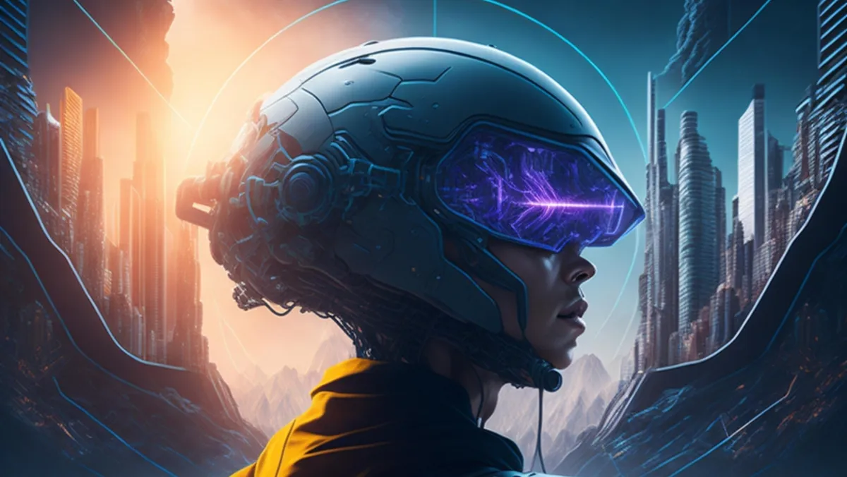 Futuristic woman wearing an advanced AI-powered helmet with glowing purple visor, standing between two contrasting cityscapes—one bathed in warm orange light, the other in cool blue tones—symbolizing the dual nature of the AI Revolution and the fusion of humanity with technology.