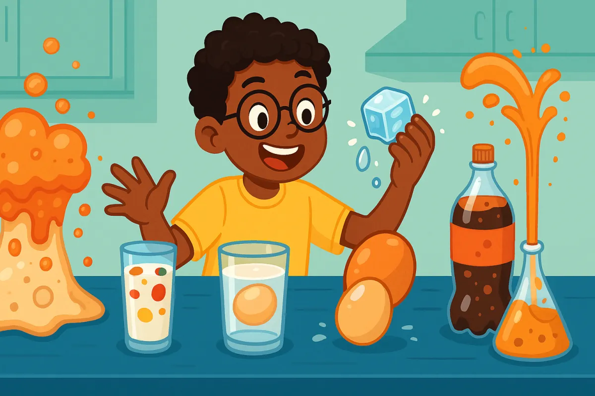 Illustration of a joyful young boy in a yellow shirt conducting fun kitchen science experiments, including a baking soda volcano, rubber egg in a glass, melting ice cube, and soda and Mentos geyser, all set on a kitchen counter.