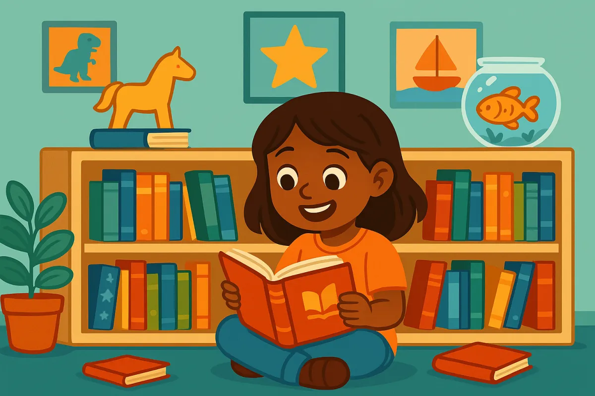 Illustration of a young girl with medium brown skin and shoulder-length dark hair sitting cross-legged on the floor, smiling as she reads a red book in front of a colorful bookshelf filled with books, with playful decorations like a fishbowl, framed pictures, and a toy horse around her.