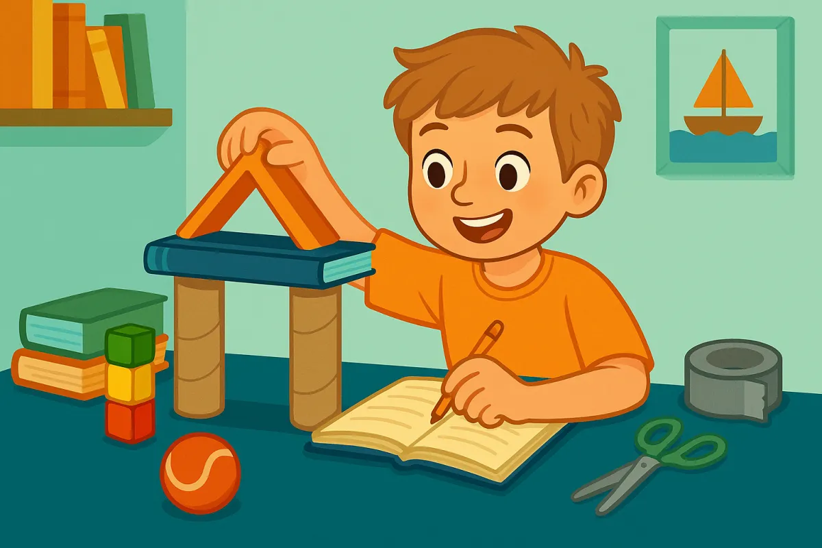 Illustration of a smiling young boy with light skin and brown hair building a creative structure using books, cardboard tubes, and household objects at a table. He is writing in a notebook while surrounded by colorful items like a tennis ball, scissors, duct tape, and building blocks, creating a playful and inventive engineering scene.