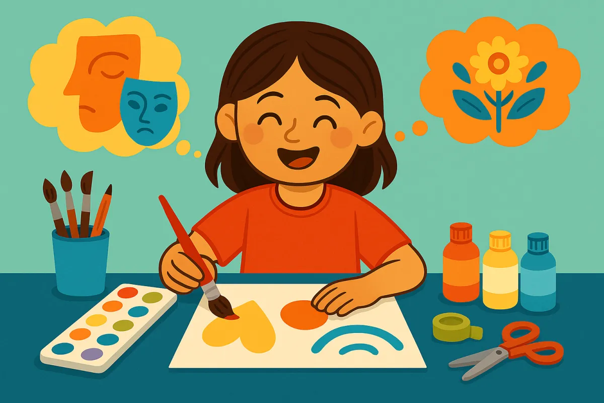Illustration of a smiling young girl with light skin and brown hair painting at a table. She is surrounded by colorful art supplies including brushes, paints, scissors, and tape, with thought bubbles showing abstract art and cultural symbols, representing self-expression and creativity through art.