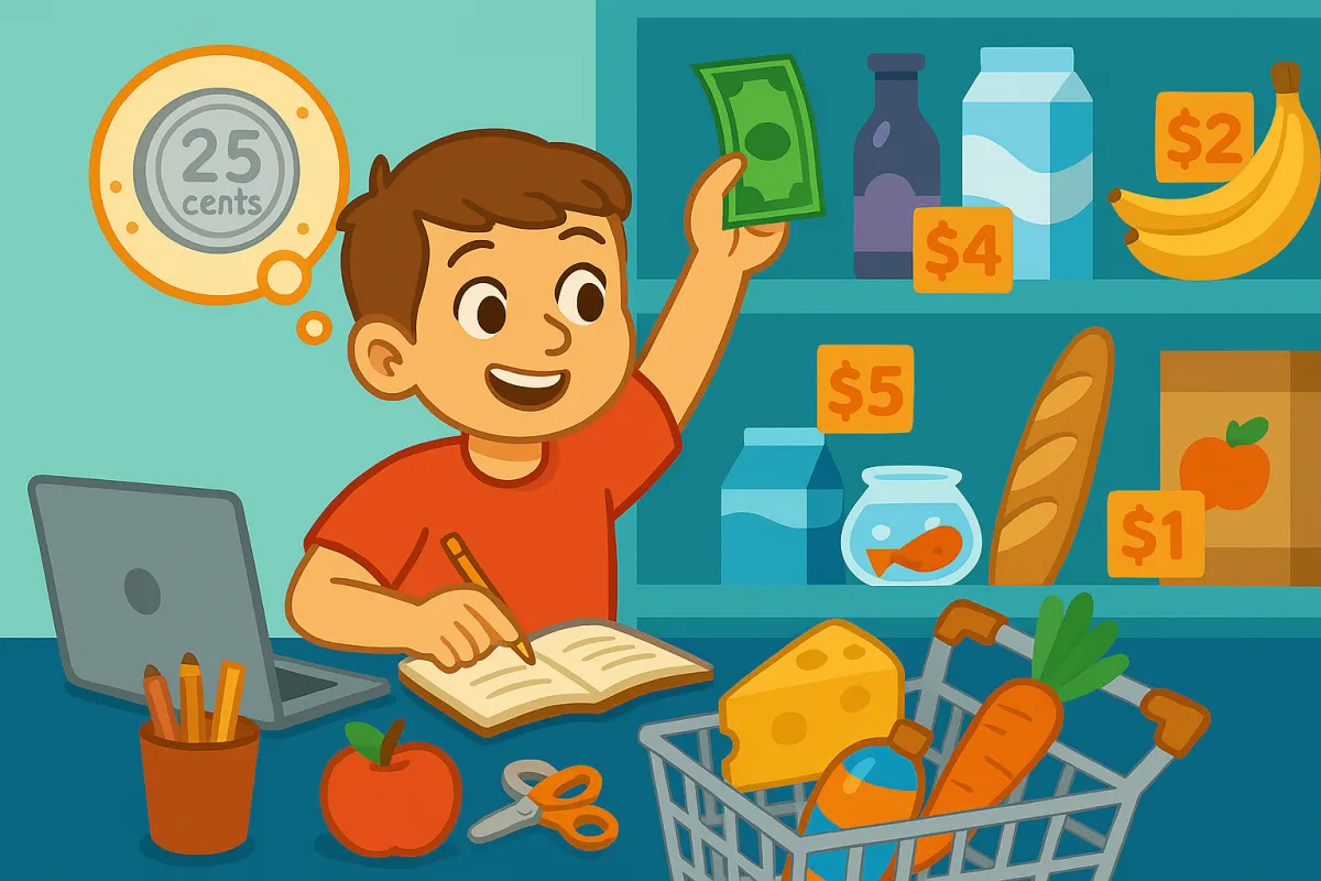 Illustration of a cheerful young boy with light skin and brown hair holding a dollar bill while sitting at a desk with a notebook and laptop. In the background, grocery shelves display items like bananas, milk, bread, cheese, and a fishbowl, each labeled with price tags, while a shopping cart filled with food and school supplies sits in front of him—highlighting a fun learning environment about money and math.