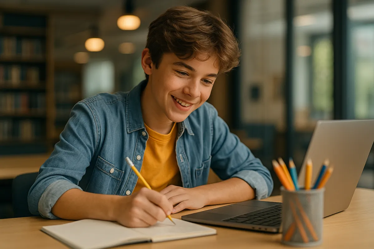 High-resolution photo of a smiling teenage boy with light skin and brown hair writing in a notebook while sitting at a desk with a laptop and pencil holder in a modern, softly lit library or classroom setting.