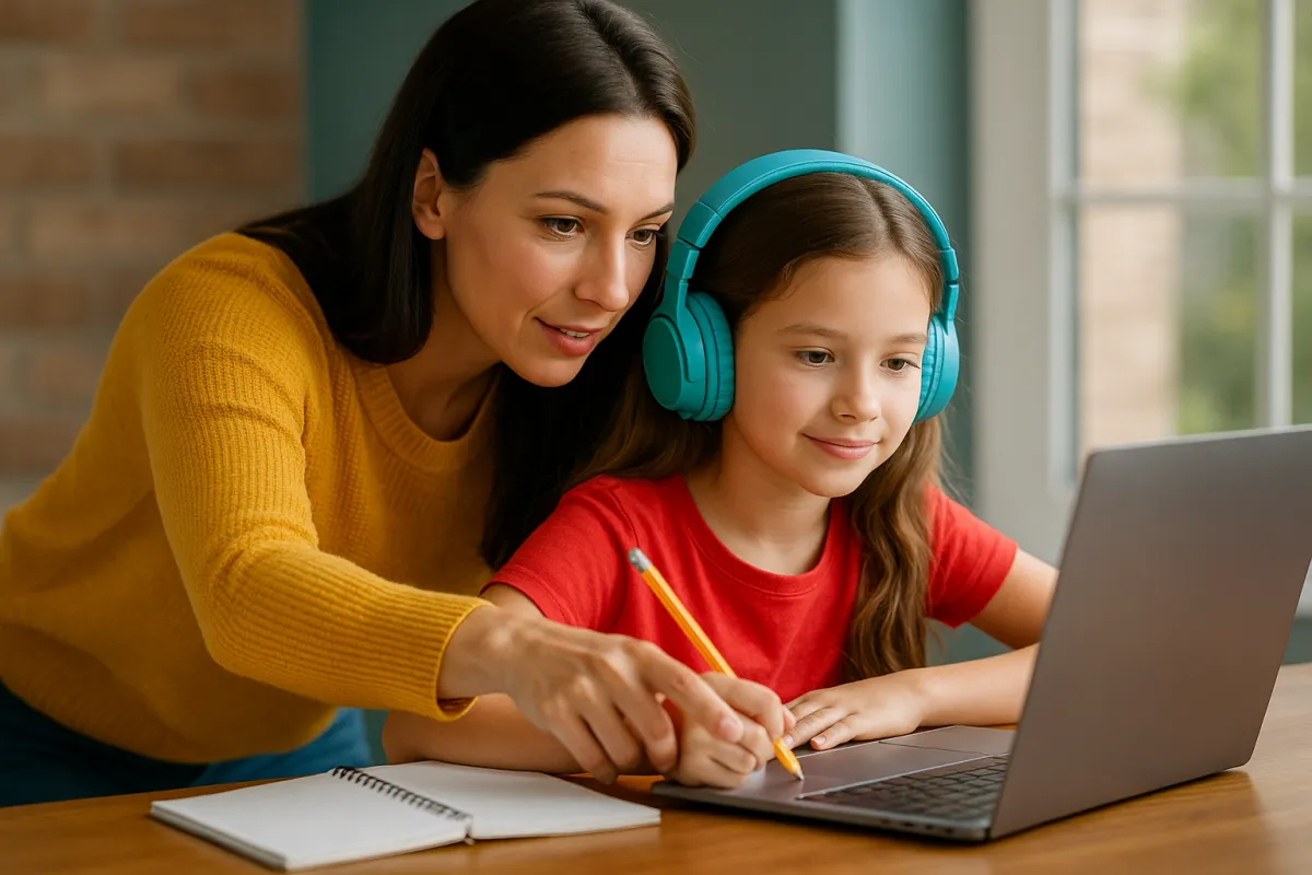 A hyper-realistic photo of a mother helping her daughter with online learning at home. The mother, wearing a yellow sweater, leans over the table pointing at the laptop screen while guiding her daughter. The daughter, in a red shirt and teal headphones, smiles as she writes with a pencil while looking at the laptop. A notebook lies open on the wooden table, and soft natural light fills the room from a nearby window.
