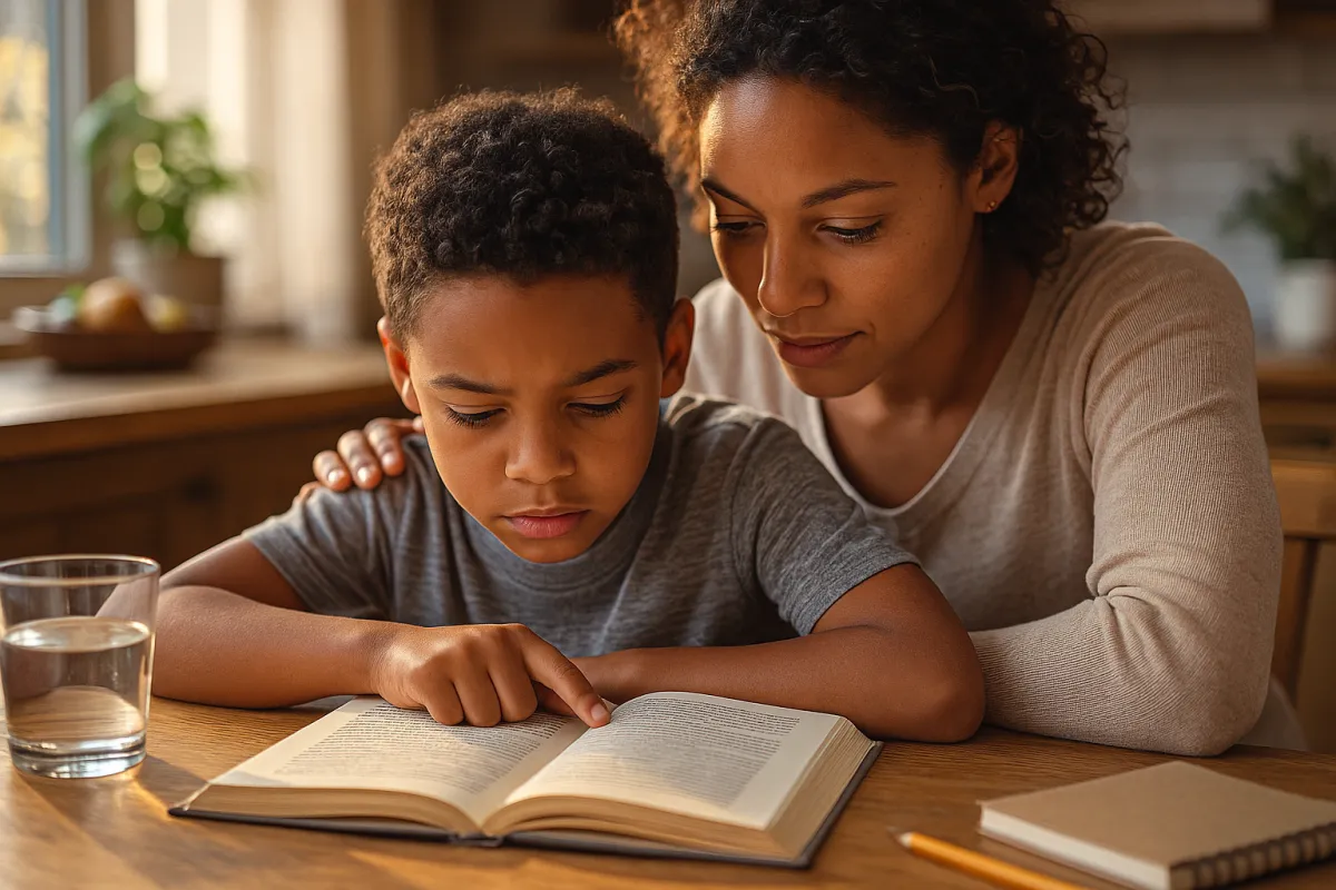 A Black mother and her young son sit together at a wooden kitchen table bathed in warm golden light. The boy, around eight years old, focuses intently on an open book, pointing to a word as his mother leans close with a gentle, supportive smile. A glass of water, pencil, and small notebook rest on the table, while the softly blurred kitchen background adds to the cozy, hopeful atmosphere.
