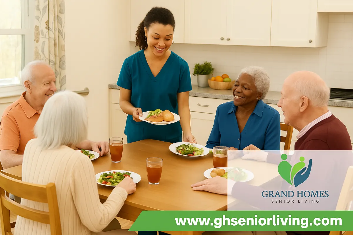 Elderly woman enjoying lunch with other residents at a cozy personal care home, assisted by a caregiver.
