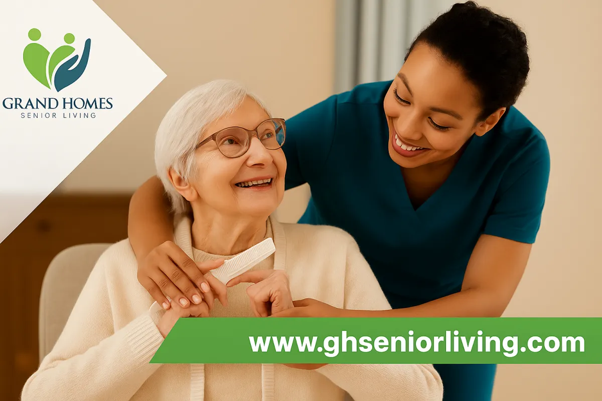 Caregiver assisting an elderly woman in a warm, home-like senior care environment