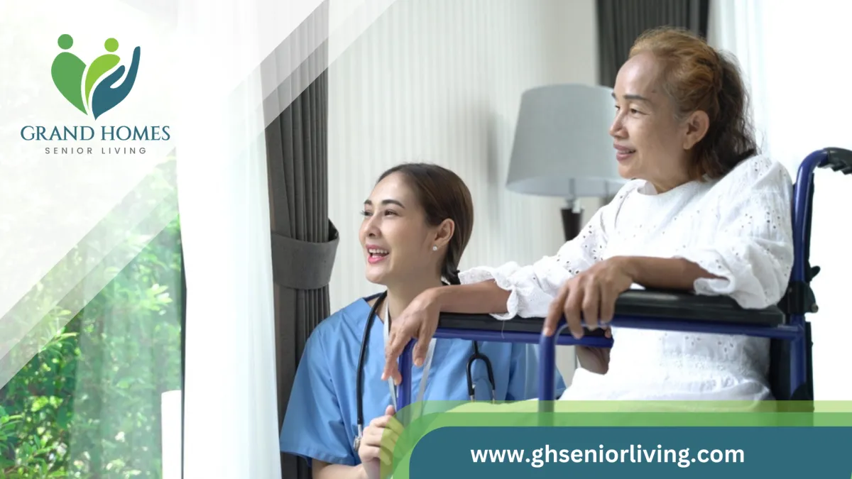 Caregiver in uniform helping an elderly person — example of assisted living support