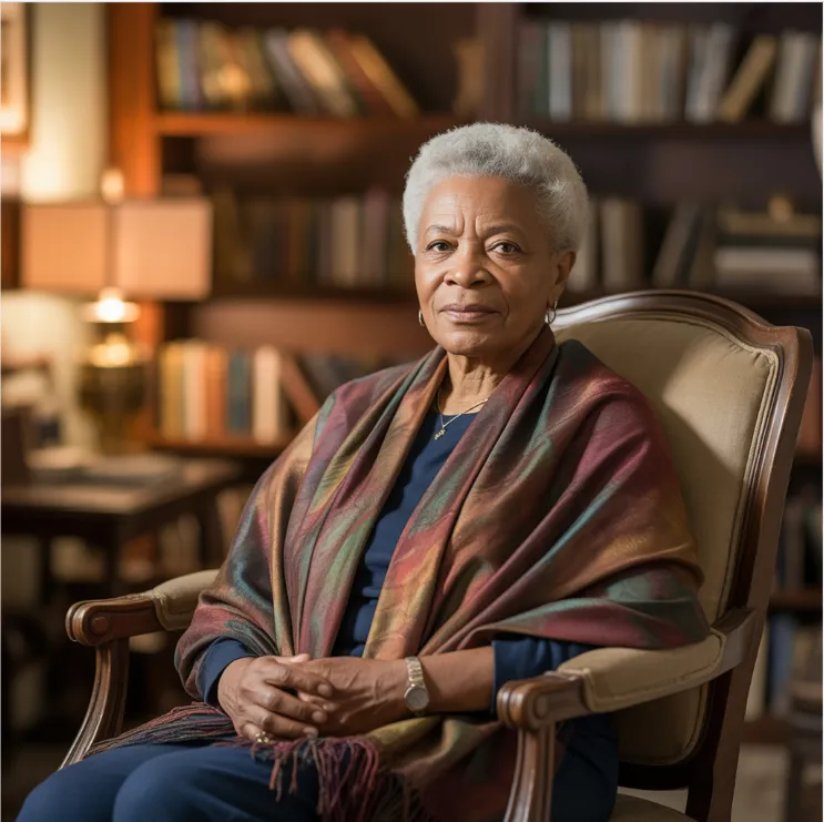 African American Senior Woman Sitting in Assisted Living Library