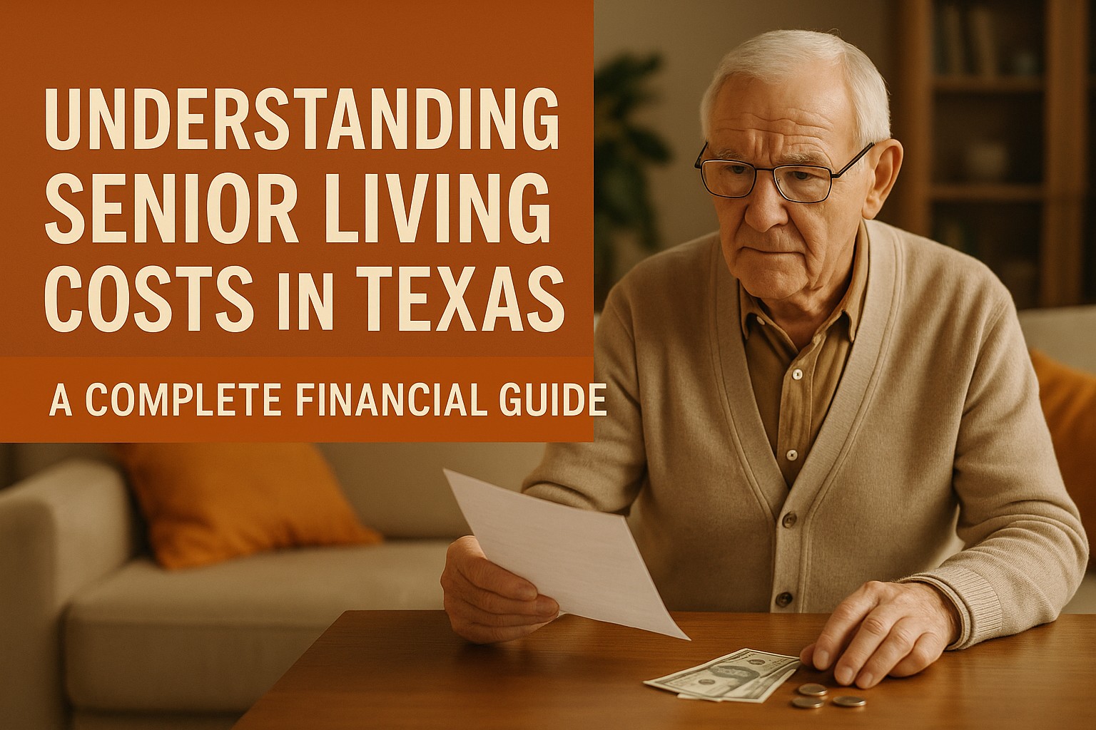 Senior man reviewing financial documents and cash at home while considering assisted living costs in Texas