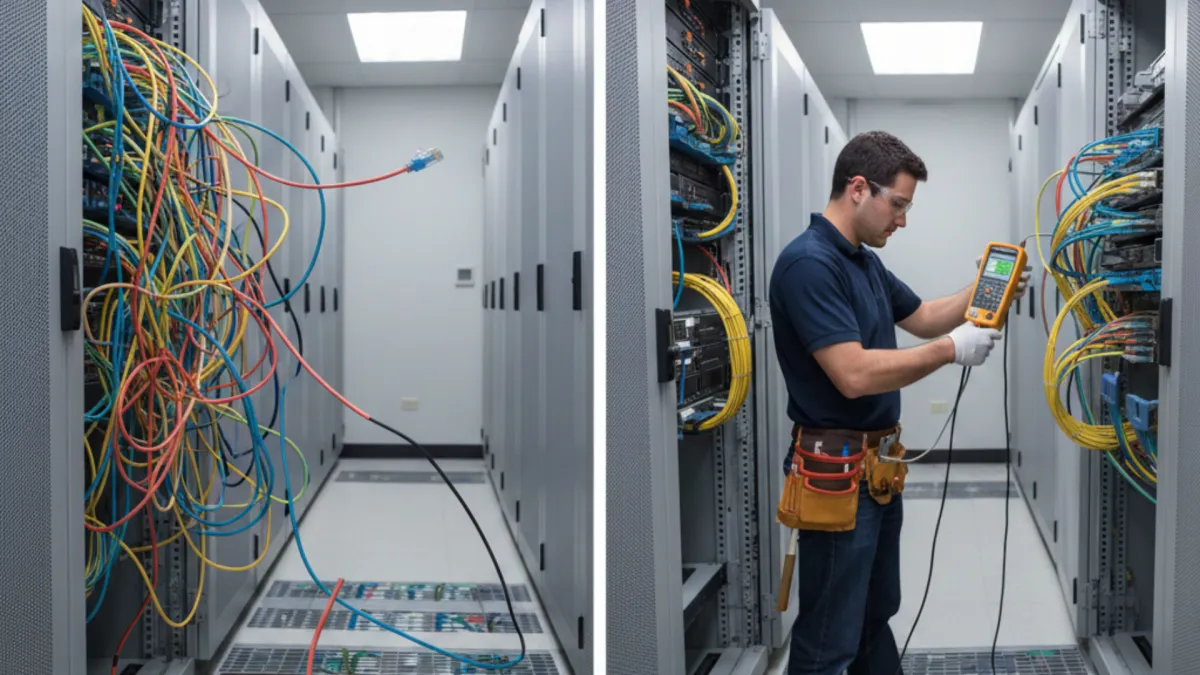 Technician organizing and installing structured data cabling in a business server room to improve network performance and reliability.