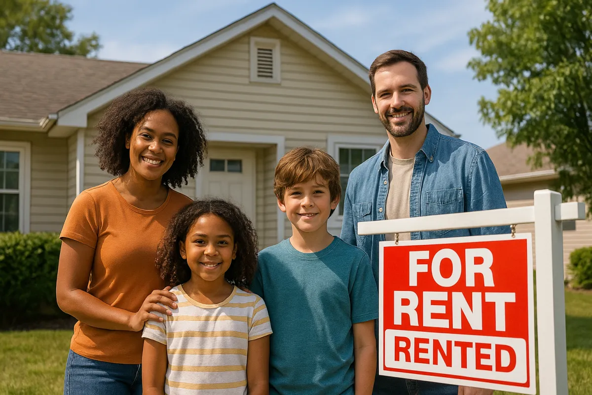 Family standing in front of their new home