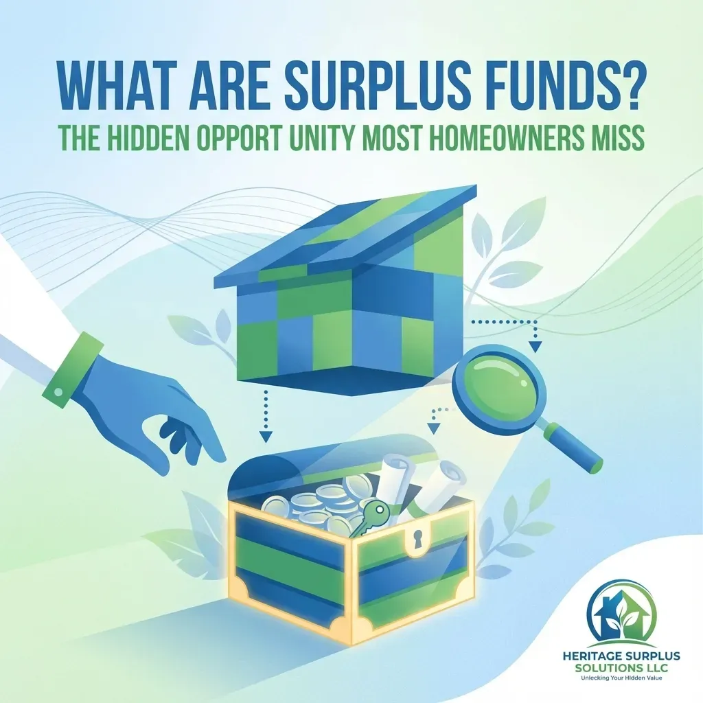 Illustration showing a house icon transforming into a treasure chest filled with coins, documents, and a key, symbolizing hidden surplus funds. A magnifying glass highlights the discovery process, while a hand reaches toward the treasure. The text reads, “What Are Surplus Funds? The Hidden Opportunity Most Homeowners Miss.” The Heritage Surplus Solutions LLC logo appears in the bottom right.