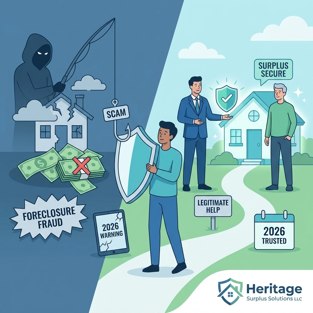 Illustration showing foreclosure fraud versus legitimate surplus recovery help, with a homeowner protected from scams and guided toward secure, trusted surplus funds assistance in 2026.