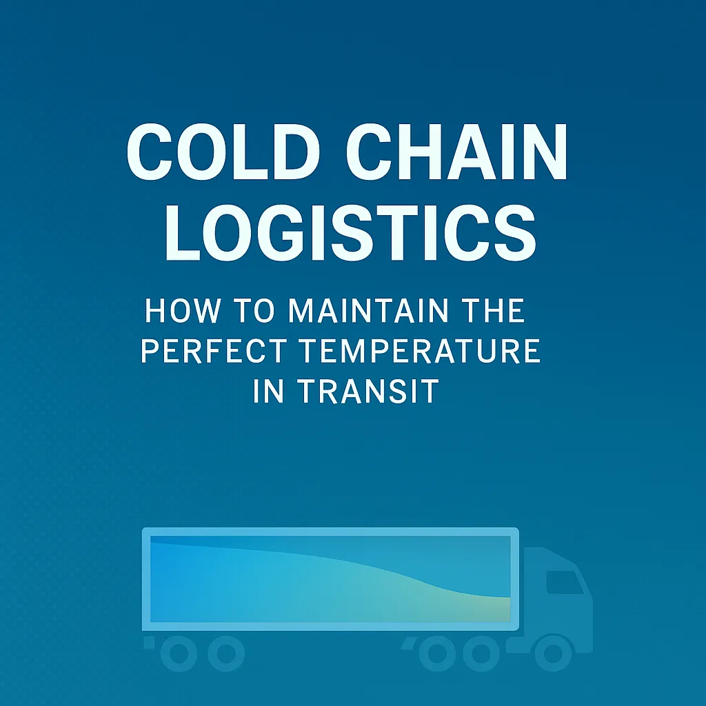 "Cover image with bold text 'Cold Chain Logistics: How to Maintain the Perfect Temperature in Transit' over a blue gradient background with a stylized refrigerated truck icon."