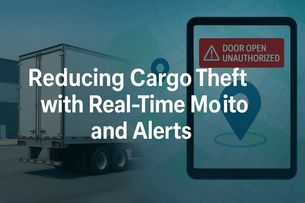 "Cover image with the title 'Reducing Cargo Theft with Real-Time Monitoring and Alerts' overlayed on a split background showing a parked trailer and tablet with GPS-based security alert."