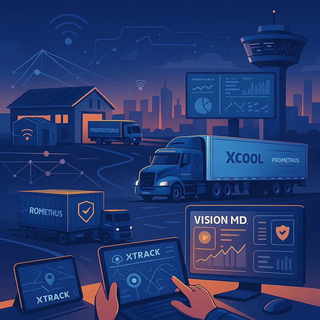 Digital illustration showcasing Prometheus' advanced logistics technology, including AI-driven video telematics, smart reefer control, and asset tracking. Central icons represent fleet visibility, AI automation, and mid-2025 supply chain transformation.