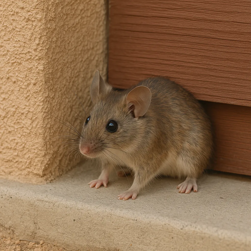 Rodent entering a Tucson home through a small gap along the exterior baseboard and stucco wall.