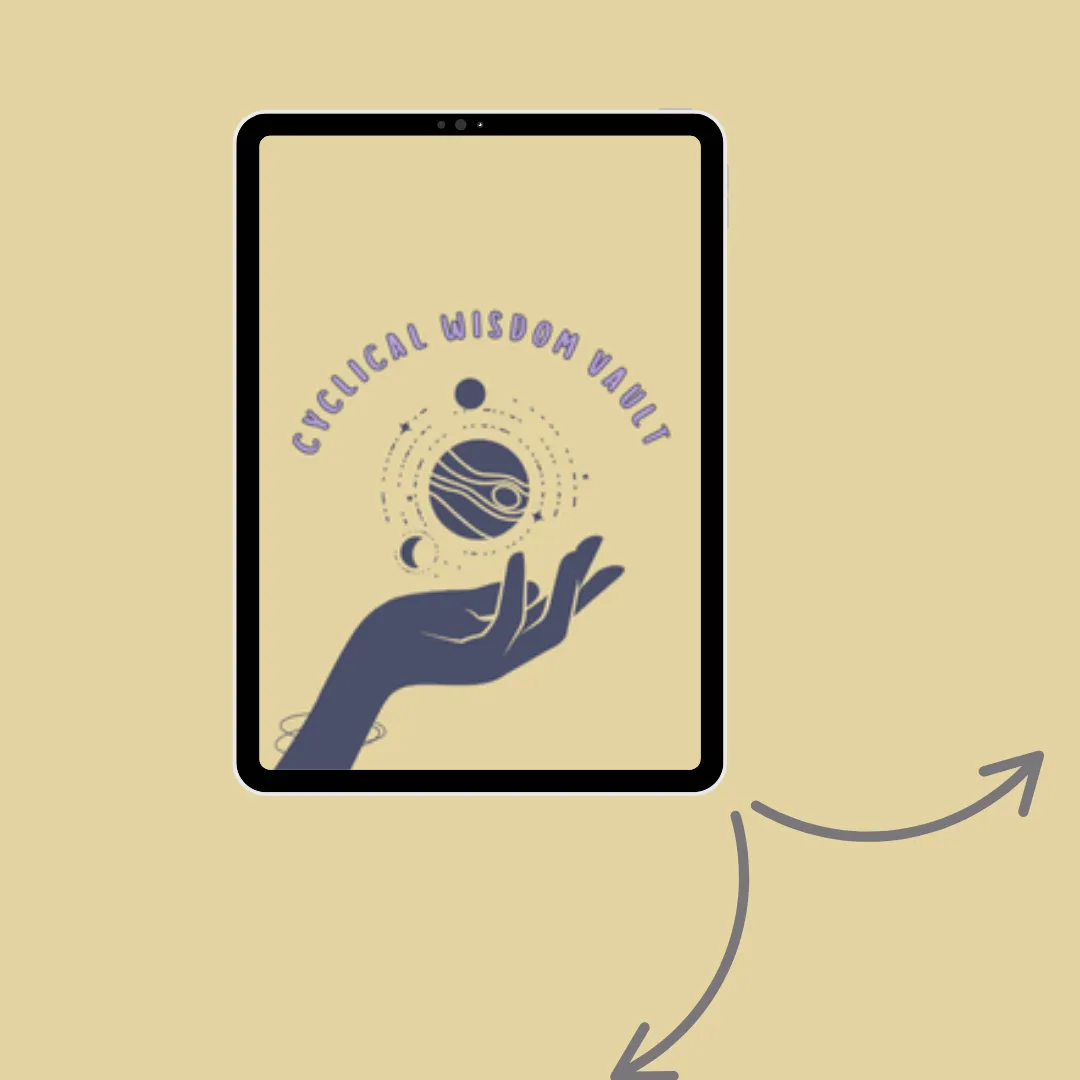 Image of cyclical wisdom vault logo on a tablet with two arrows, one pointing to the below picture and one to the next picture with these pictures saying menstrual or lunar cycle