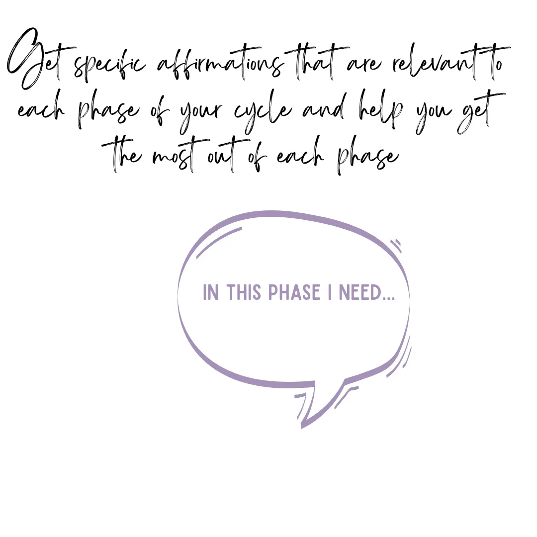 get specific affirmations that are relevant to each phase of your cycle and help you get the most out of each phase. Speech bubble with "in this phase I need..."