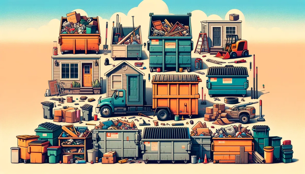 Illustrative cover image for 'Route Runners' blog post titled 'What Can Fit in a Dumpster: A Comprehensive Guide', showing various sized dumpsters from 10 to 40 yards with disposed items like furniture and yard waste, and prohibited items like hazardous materials, set against a clean, informative backdrop