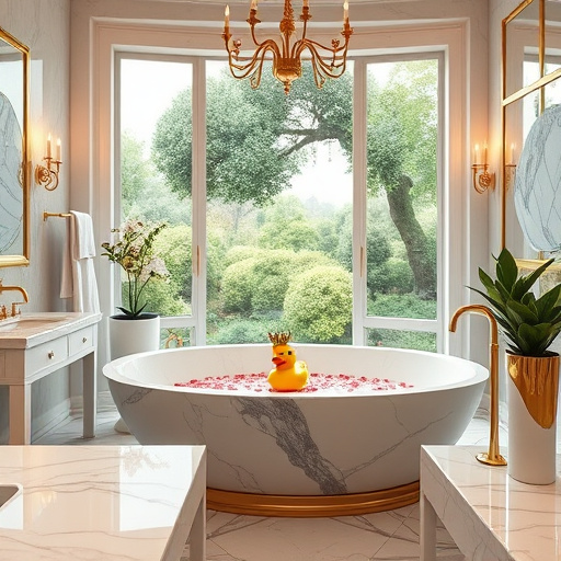 Alt text: A luxurious bathroom design featuring elegant marble surfaces and gold fixtures. The grand freestanding tub is filled with fragrant petals, surrounded by plush towels draped on sleek towel racks. Shimmering candles flicker on a polished countertop, while lush greenery peeks from stylish planters. A quirky rubber duck wearing a tiny crown sits on the edge of the tub, and mosaic tiles form playful fish patterns. The large window reveals a breathtaking garden view, with soft pastel hues blending with luxurious accents. The artwork captures the grandeur of High Renaissance style, showcasing rich colors that convey relaxation and extravagance, inviting viewers into a serene escape of modern luxury baths.