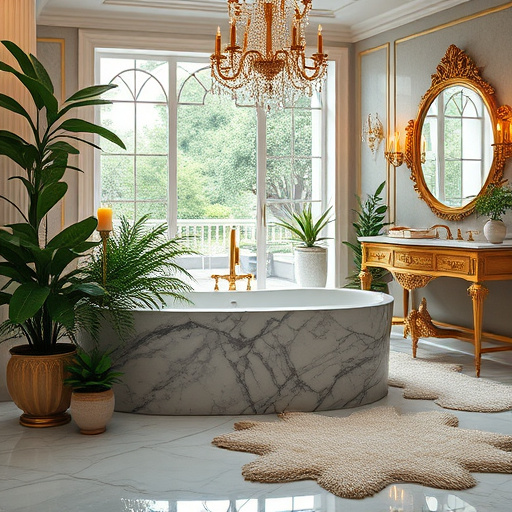 Luxurious bathroom design featuring an expansive marble bathtub with opulent gold fixtures, surrounded by vibrant greenery in decorative pots. The scene radiates tranquility and indulgence, illuminated by soft candlelight reflecting on gleaming surfaces. A grand window in the background allows natural light to pour in, revealing a serene garden view. Plush rugs add warmth to the elegant marble floor. Delicate porcelain figurines of aquatic creatures peek out from behind the plants, adding charm to the space. An intricately framed mirror above a vintage vanity reflects exquisite details, while an oversized crystal chandelier softly brightens the room, enhancing its grandeur. The soft pastel color palette, enriched with gold and emerald green, creates a harmonious atmosphere ideal for relaxation. High Renaissance art style accentuates the classical beauty and sophistication throughout the serene oasis.