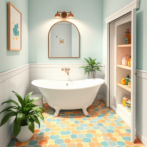 Alt Text: A whimsical ConceptualArt depiction of a small bathroom layout featuring a compact freestanding tub surrounded by lush green potted plants. The vibrant mosaic floor tiles create depth, while a half-moon mirror above the sink and a vintage faucet light fixture add charm. Soft pastel walls display quirky illustrations of bathroom essentials, like rubber ducks. A sliding door opens to a shelving nook with colorful containers for toiletries. The serene ambiance is enhanced by subtle spa-inspired wallpaper, with a color palette of gentle blues, greens, and warm neutrals, inviting exploration of small-space designs.