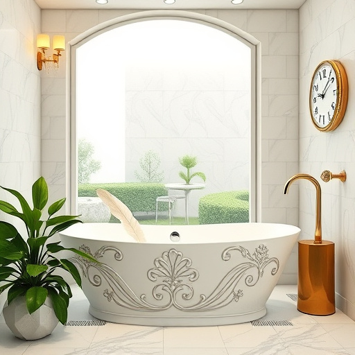 Alt text: A luxurious spa-inspired bathroom featuring an intricately carved free-standing bathtub filled with bubbles, surrounded by elegant candelabras with flickering candles. Lush greenery including ferns and orchids in vintage terracotta pots adds vitality, while an ornate gold-leaf mirror reflects soft light. A richly colored tapestry depicting tranquil water scenes enhances the serene ambiance, complemented by a palette of deep emerald greens, gold accents, and soothing creams. Whimsical touches include a rubber duck in a crown on the tub's edge and towels folded into swan shapes. The glossy dark marble flooring contrasts with light porcelain-tiled walls, creating an opulent and tranquil environment perfect for relaxation and indulgence.