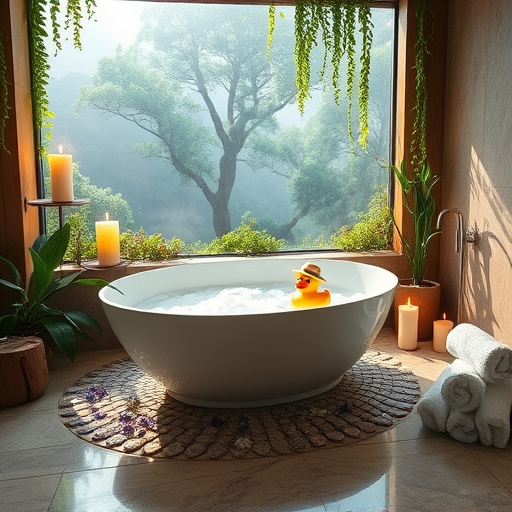 Alt text: A serene spa-inspired bathroom featuring a large freestanding bathtub filled with lush bubbles, surrounded by scented candles that cast a warm glow. Soft, fluffy towels are neatly arranged in a wicker basket, while a delicate bamboo plant adds a touch of nature in one corner. The walls are adorned in calming earth tones, with large windows showcasing a thriving garden and allowing natural light to create a peaceful ambiance. A minimalist shelf displays an assortment of essential oils, and smooth stones are artistically placed near the tub for a soothing touch. The atmosphere is tranquil and luxurious, enhanced by playful details like a rubber duck peeking from behind a towel and a sign reading "Relaxation Zone." The artwork realistically captures the textures of soft textiles, glossy tiles, and gentle ripples in the water, embodying the overall feel of escapism and indulgence in the spa-themed setting.