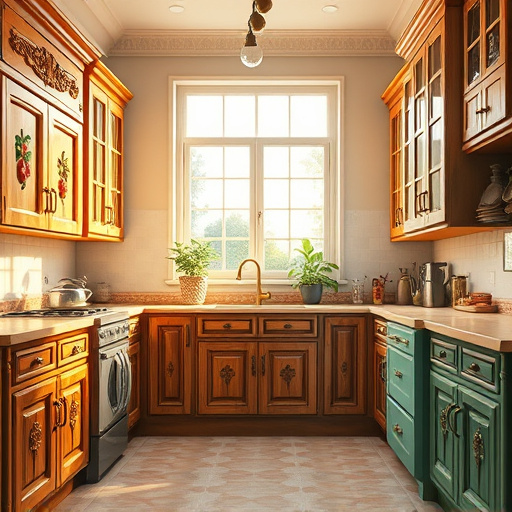 A vibrant blog cover image showcasing a variety of innovative kitchen cabinet styles in a playful arrangement within a bright, abstract kitchen space. The image features sleek modern cabinets with high-gloss finishes, rustic wooden cabinets with intricate carvings, and minimalistic Scandinavian designs, all harmoniously intertwined. Quirky details include oversized utensils whimsically hanging on the wall, a playful cat peeking from a cabinet, and potted herbs with exaggerated personalities. The dreamy background is softly painted with colorful splashes resembling kitchenware, enhancing the overall theme. The Tachisme art style is reflected in energetic brush strokes and a vibrant color palette of blues, greens, and warm earthy tones, creating a lively atmosphere that captures the essence of stylish kitchen design.