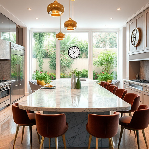 A hyperrealistic image of a luxurious modern kitchen featuring sleek, high-end appliances and gleaming marble countertops that reflect ambient light. The oversized island, with an exquisite marble surface, is surrounded by plush bar stools in rich, velvety fabric, creating an inviting space for gatherings and culinary creativity. Elegant pendant lights hang above, casting a warm golden hue and enhancing the refined atmosphere, while a stylish backsplash with intricate geometric tiles adds a vibrant touch of color. In the background, large windows frame a vibrant garden, allowing natural light to flood the kitchen and showcasing blooming flowers that bring a fresh element of nature indoors. A whimsical wall clock shaped like a chef's hat adds a playful accent, emphasizing the kitchen's focus on culinary adventures. The overall tone combines luxury and warmth with a palette of soft earth tones and deep jewel shades, creating a calm and sophisticated environment that encourages relaxation and inspiration.