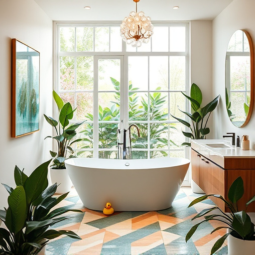 A luxurious contemporary bathroom features a sleek freestanding bathtub with elegant curves, surrounded by colorful mosaic tiles that shimmer in the light. To one side, a stylish double vanity showcases modern minimalist fixtures and is paired with an oversized mirror reflecting the room's play of light and shadow. Lush indoor plants bring life into the setting, their vibrant greens contrasting against warm wood accents. The atmosphere is calm and sophisticated with pastel tones of peach, mint, and cream. Quirky details include a vintage rubber duck by the tub and an abstract-patterned shower curtain that adds personality without disrupting the serene ambiance. The walls display tasteful artwork combining classical and contemporary styles, enhancing the timeless elegance. A bubble-like light fixture casts a warm glow, creating a cozy retreat. Large windows fill the room with natural light and offer a tranquil garden view, where blooming flowers complement the bathroom's color scheme, showcasing a blend of modern luxury and natural calm in contemporary bathroom design with a High Renaissance influence.