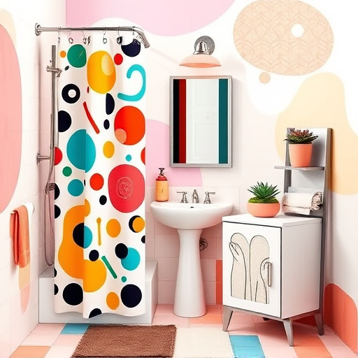 Alt text: Engaging blog cover image depicting a compact bathroom layout, featuring clever spatial design to maximize utility and aesthetics. The scene includes vibrant abstract shapes inspired by Tachisme, showcasing a colorful oversized shower curtain, a petite stylish sink with an unusual faucet, and a whimsical mirrored cabinet. Playful tiles in various hues complement potted succulents on a sleek ledge, alongside a vintage-inspired towel rack. The overall ambiance creates a serene yet imaginative atmosphere with an abstract wash of soft pastels in the background, capturing the essence of stylish efficiency in small spaces.