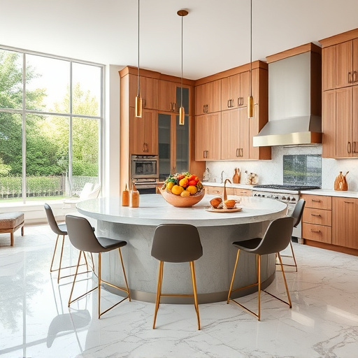 Alt Text: A luxurious modern kitchen design featuring high-end appliances and elegant cabinetry. The centerpiece is a large marble island with sleek bar stools and beautifully arranged gourmet cooking tools, embodying functionality and abundance. A whimsical oversized fruit bowl filled with colorful exotic fruits and a tilted teapot mid-pour add a playful touch. A grand window in the background opens to a serene garden, flooding the space with natural light and highlighting the soft neutral tones of the cabinetry and countertops. The rich wood tones, soft whites, and gold accents create an elegant yet inviting atmosphere, inspiring creativity in luxury kitchen aesthetics.