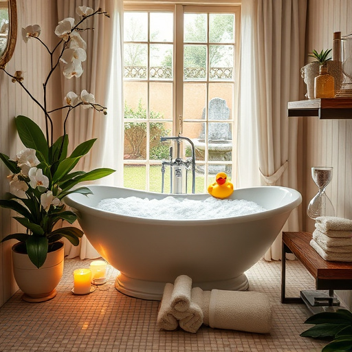 A serene spa-inspired bathroom scene featuring a grand, ornate freestanding bathtub with intricate gothic motifs of vines and roses. The room is softly illuminated by flickering candlelight, casting delicate shadows on textured stone walls adorned with ivy patterns. A vintage chandelier with glimmering crystals hangs in the background, while lush greenery spills from ceiling planters, enhancing the tranquil atmosphere. A rustic wooden vanity is lined with elegant bottles of essential oils and artisanal soaps, blending functionality with luxury. Quirky details include a whimsical fountain bubbling beside the bathtub and a cat lounging on a plush towel, adding playful charm. Moonlight filters through a gothic-style arched window, illuminating stained glass depicting mythical creatures, contributing to the room's enchanting ambiance. The color palette features deep emerald greens, dusky purples, and soft grays, creating a mysterious and sophisticated atmosphere ideal for relaxation.