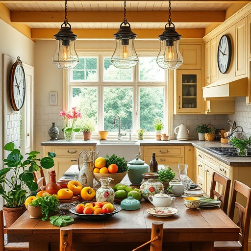A vibrant FolkArt-inspired cover image themed around 'Luxury Kitchen Designs' showcases an exquisite kitchen layout. The foreground features a large rustic wooden table adorned with colorful ceramic dishes filled with fresh produce, intricate glassware, and vibrant kitchen tools, highlighting a blend of opulence and warmth. Soft pastel-painted cabinetry with whimsical floral motifs complements elegant pendant lights hanging from a beamed ceiling, casting a cozy glow. Surrounding potted herbs and blooming flowers add lively greenery, fostering a serene and creative atmosphere. Quirky details, including a vintage clock with oversized hands and an anthropomorphic kettle with a cheerful face, inject personality into the scene. The background showcases large windows that overlook a lush garden, flooding the space with natural light and enhancing its calming yet luxurious ambiance. The color palette features rich greens, warm yellows, and soft touches of pinks and blues, creating a harmonious and uplifting environment that embodies modern luxury in a welcoming, soulful kitchen.