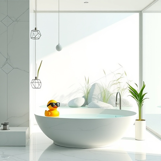 A luxurious bathroom design featuring sleek marble tiles, a freestanding soaking tub surrounded by floating bamboo plants, and a calm ambiance created by soft pastel hues of mint green and pale blue. Natural light floods the space through a large minimalist window, revealing a serene zen garden outside with smooth stones and gently swaying reeds. Whimsical details include a rubber ducky wearing oversized sunglasses on the tub's edge and a small potted plant sprouting from the bathtub faucet. Geometric pendant lights cast gentle shadows, highlighting the clean lines and elegance of the bathroom. The overall atmosphere conveys peace and indulgence, inviting immersion in a dream bathroom setting that emphasizes relaxation and comfort through a refined minimalist art style.