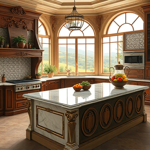 Alt Text: A luxurious kitchen design featuring a grand space with high-end appliances and exquisite finishes. The centerpiece is a massive marble island decorated with cascading fruit, herbs in terracotta pots, and a vintage tea set. Surrounding the island are intricately carved wooden cabinets with gold accents. Large arched windows allow warm sunlight to illuminate the Italian-inspired backsplash with classic tile patterns. A curious cat peeks from behind a potted plant, while a colorful oversized fruit bowl adds playful contrast to the muted earth tones. The background shows rolling hills through the windows, enhancing the serene atmosphere. The scene captures a rich color palette of deep greens, warm golds, and soft creams, evoking an inviting gourmet cooking experience.