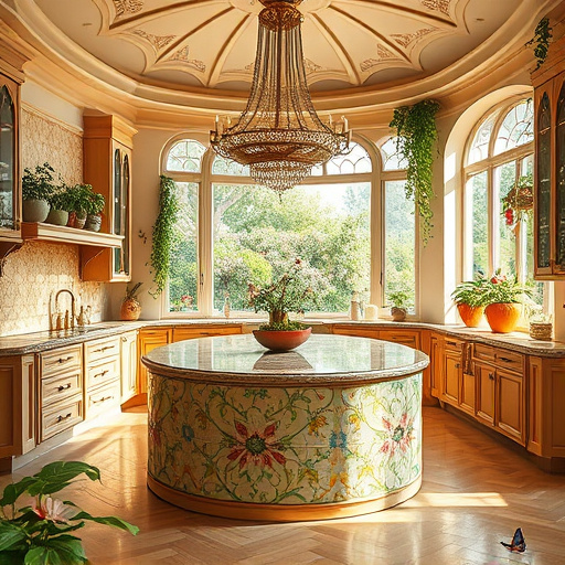 Photorealistic image of a modern open concept kitchen that blends elegance and functionality, featuring high-end stainless steel appliances and warm wooden cabinetry. A large central island displays vibrant fruits and herbs in artisanal ceramic bowls. Polished marble countertops reflect soft natural light from wide windows, showcasing a lush outdoor garden. The inviting atmosphere is enhanced by playful elements like a whimsical frying pan-shaped wall clock and colorful kitchen utensils. A dining table, set for brunch with mismatched antique dishware, adds personality to the sophisticated setting. In the background, a cozy seating area with plush cushions invites relaxation, complemented by tastefully chosen artwork of abstract food-themed patterns. The warm earth tones and rich greens create a calm yet vibrant ambiance, embodying stylish and practical modern living. Perfect for a blog cover focused on culinary creativity.