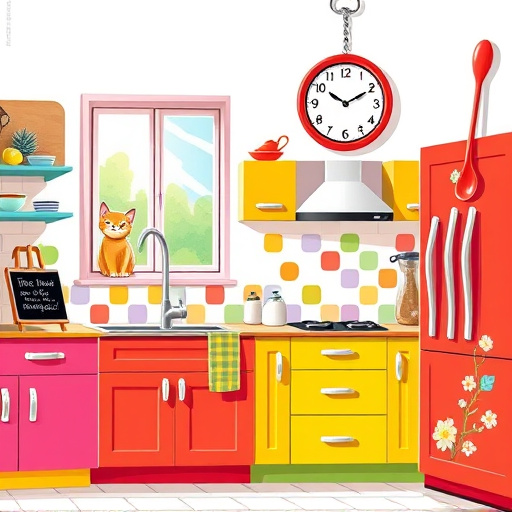 Alt text: A vibrant kitchen featuring various cabinet styles that blend Native American art with modern design. The cabinets showcase intricate tribal patterns in earthy tones like terracotta, turquoise, and yellow. Bold, colorful tiles on the countertops mimic desert landscapes with geometric and organic shapes. Quirky details include cactus-shaped pot holders, a reclaimed wood spice rack, and hanging dreamcatchers. The warm, glowing light from large windows creates a calming atmosphere, while a stylized mural of a serene desert sunset enhances the decor. The scene evokes a playful yet professional mood, highlighting the creativity of kitchen cabinet styles intertwined with nature and cultural heritage.