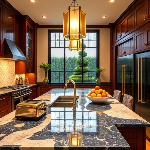 Luxurious kitchen design featuring high-end appliances under elegant pendant lighting. A stunning centerpiece of sleek marble countertops with intricate veining, surrounded by rich wooden cabinetry with ornate Art Deco handles. Geometric patterns emphasize the Art Deco style, complemented by a radiant color palette of navy blue, gold, and cream. The classy and inviting mood is ideal for cooking and entertaining. Unique elements include a retro-style toaster and an exotic fruit bowl, adding personality. Large, stylized chrome-framed windows reveal a manicured garden with topiary art, enhancing the opulent atmosphere. This vibrant environment embodies elegance and creativity, inspiring dreams of the ultimate culinary space.