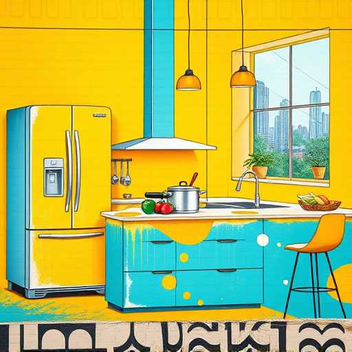 A vibrant street art mural depicting an open concept kitchen features oversized, whimsical representations of kitchen appliances like a refrigerator integrated into a quirky island countertop adorned with colorful fruits and vegetables. The mural's palette is dominated by vibrant splashes of yellow and turquoise, creating a cheerful atmosphere that feels playful yet sophisticated. Abstract designs of cooking utensils and exaggerated food items like pasta shapes and floating spices are illustrated with bold lines. A cheeky cat peeks from behind a pot on the stove, adding humor to the scene. The background suggests an urban loft with a stylized window showcasing a cityscape filled with greenery, enhancing the open and airy ambiance. This lively composition encapsulates the warmth and joy of cooking in a stylish, modern space without any human figures present.