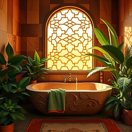 A blog cover image for "Luxury Bathroom Designs" featuring an opulent bathroom interior inspired by Pre-Columbian art. The centerpiece is an intricately carved stone bathtub resembling ancient ceremonial vessels, surrounded by lush tropical plants and vibrant textiles in rich earth tones. The atmosphere conveys serenity and indulgence, with whimsical water patterns flowing from elegantly shaped faucets that mimic jaguars. A sunlit window in the background displays geometric patterns reminiscent of ancient architecture, casting soft shadows across the space. The warm, earthy color palette includes deep terracotta, rich greens, and soft golds, complemented by abstract motifs inspired by Pre-Columbian civilizations, enhancing the luxurious and historic ambiance.